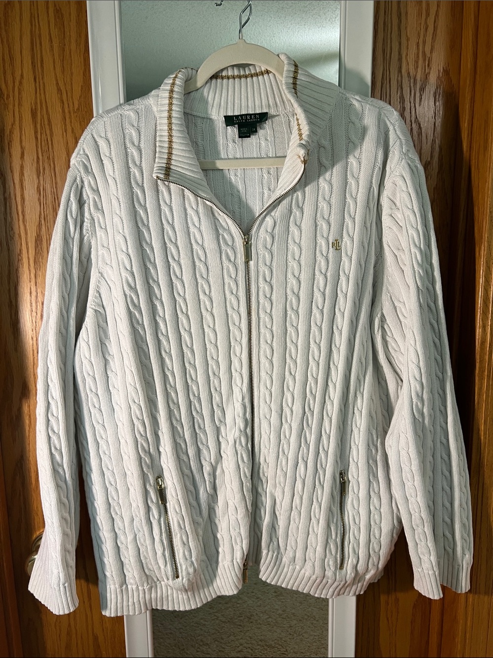 Ralph Lauren Cream Cable-Knit Zip Sweater with Gold Accents